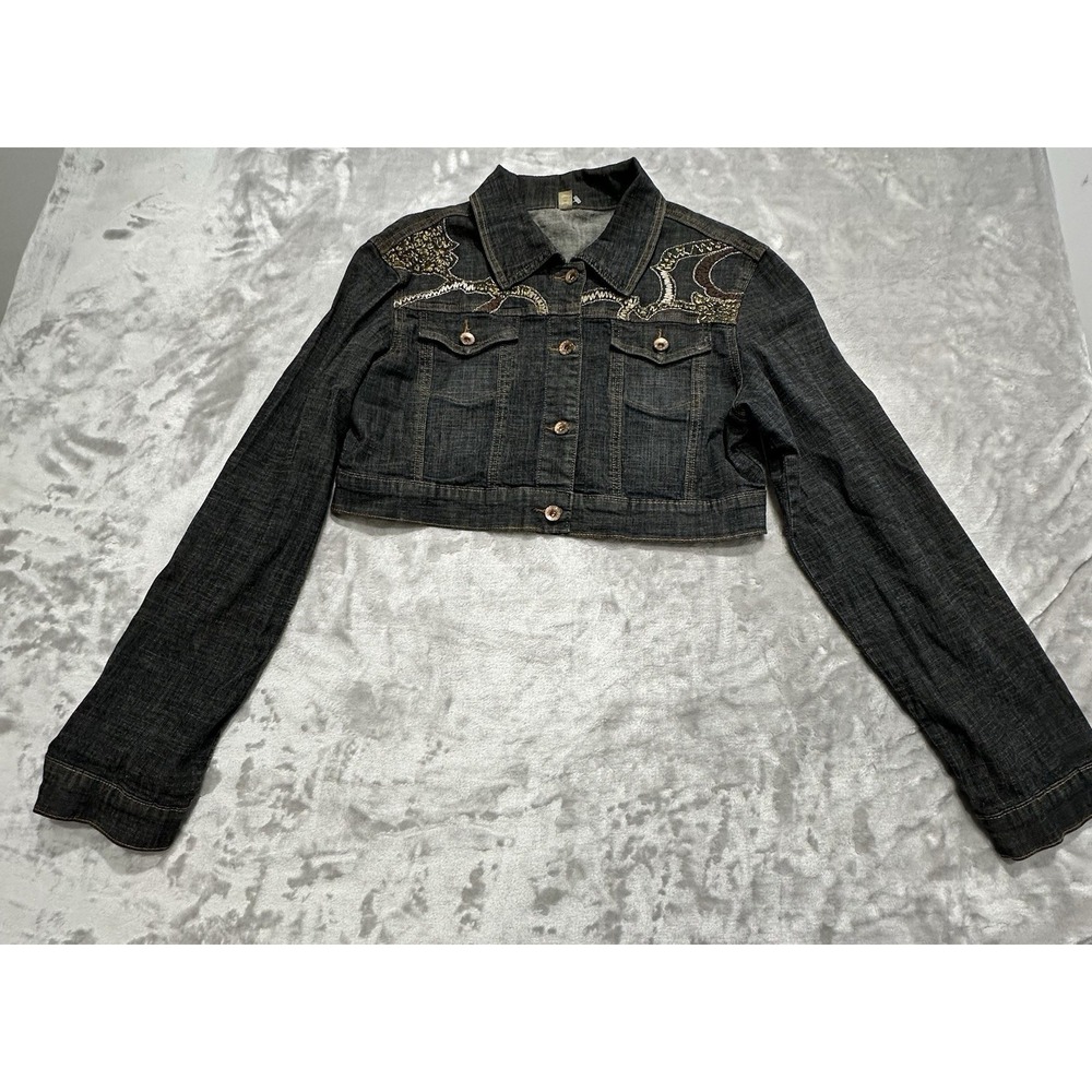 Clash Womens‎ Cropped Embroidered Chambray Trucker Denim Jean Jacket Size XL EUC